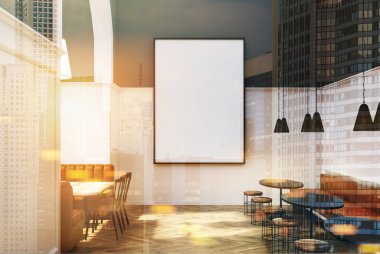 Beyaz ve gri kafe, yuvarlak masa tonda