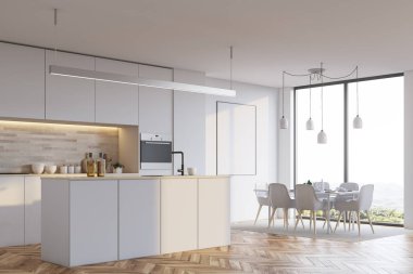 Bir bar, poster, yan ile beyaz mutfak