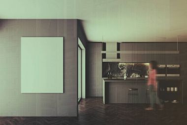 Koyu gri mutfak, bar ve pencere, poster bulanıklık