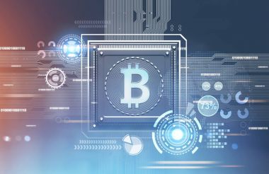 Bitcoin işlemci, mavi kırmızı arka plan, hud