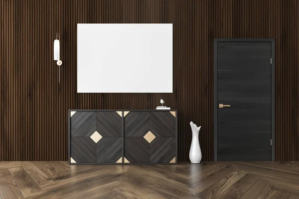 Sala de estar de madeira escura, cômoda, cartaz — Fotografia de Stock
