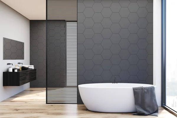 Gray tile bathroom, tub and sinks — Stock Photo, Image