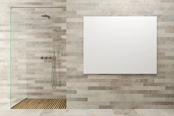 Salle de bain en bois blanc, douche, poster — Photo