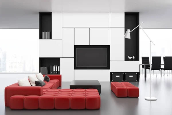 Vita vardagsrum med en röd soffa — Stockfoto