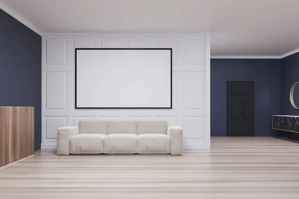 Sala de estar azul e branco, cartaz e sofá — Fotografia de Stock