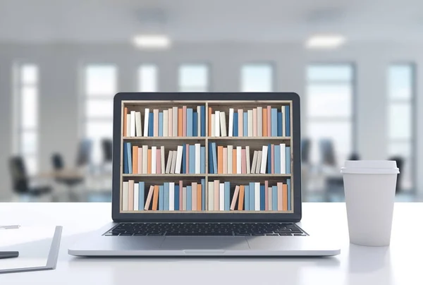 Laptop with bookshelves on screen, office, coffee — Stock Photo, Image