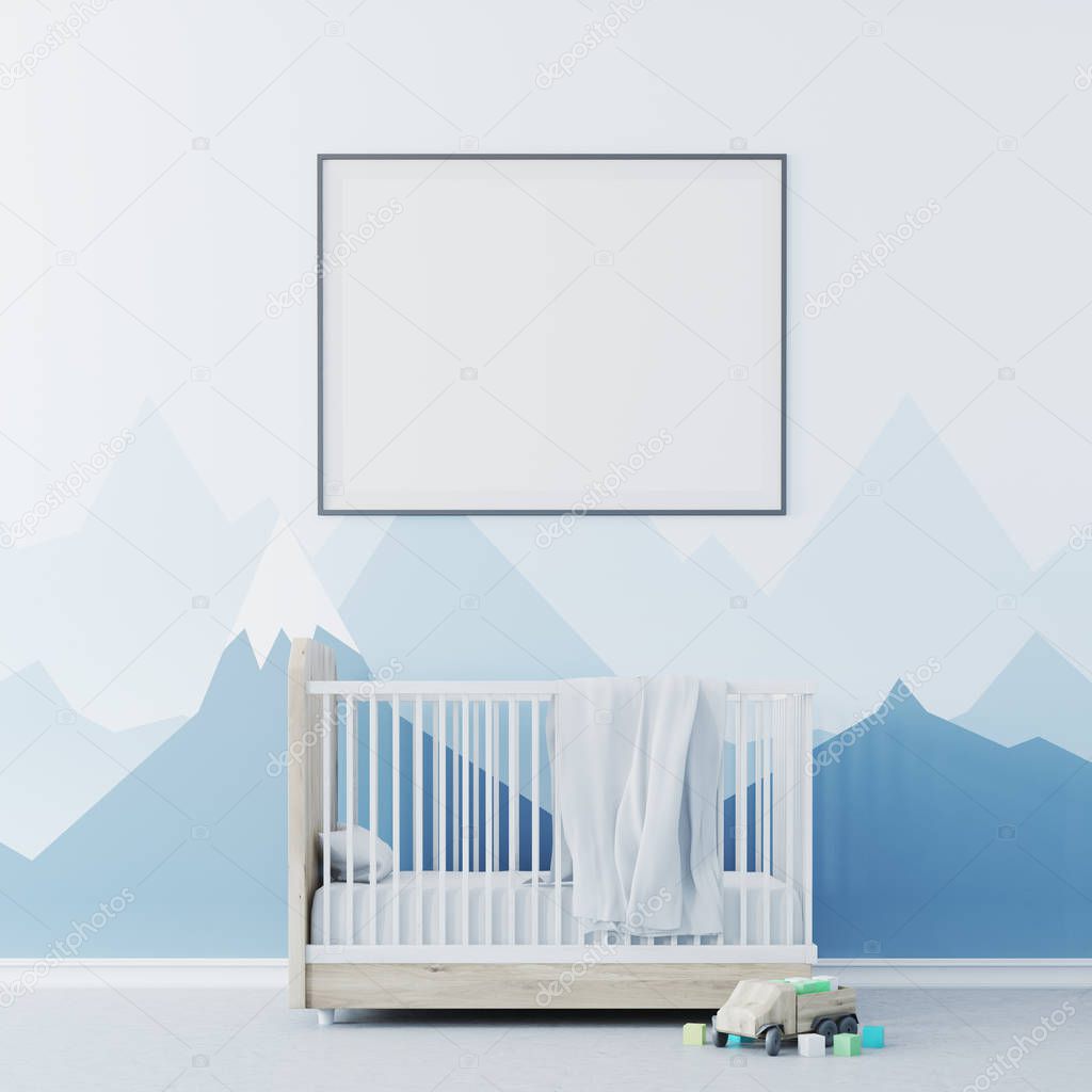 Baby boy s room, cradle and poster close up