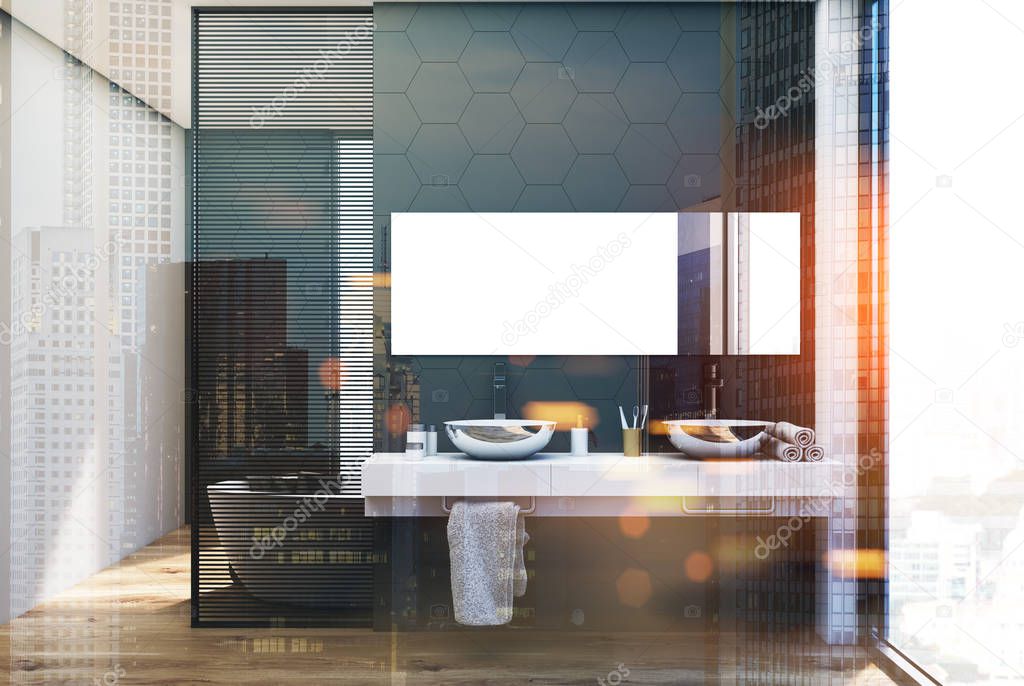 Negro cuarto de baño, doble lavabo y bañera — Foto de stock