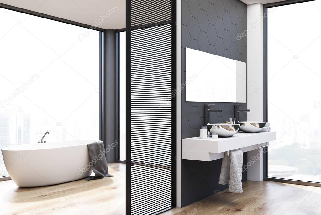 Gray hexagon tile bathroom, double sink and tub