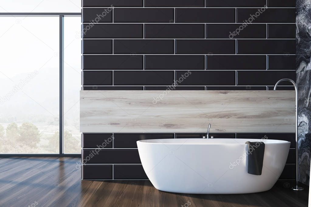 Black brick and wooden bathroom