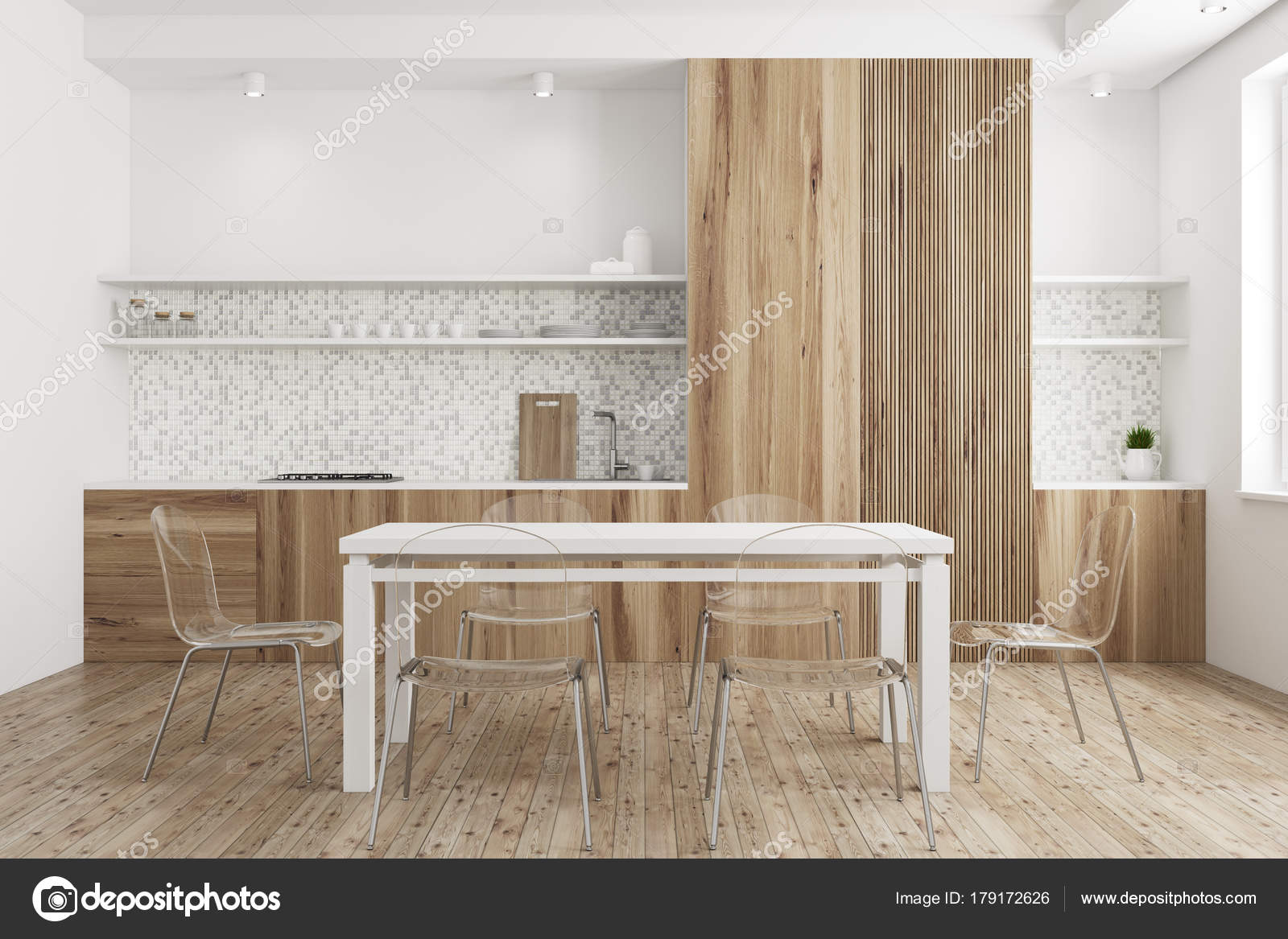 Weiß Und Holz Esszimmer Stockfoto Denisismagilov 179172626