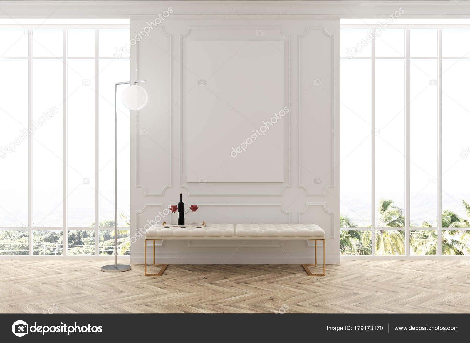 Weiße Wartezimmer Interieur, Plakat und Bank — Stockfoto ... Weiße Wartezimmer Interieur, Plakat und Bank — Stockfoto ...