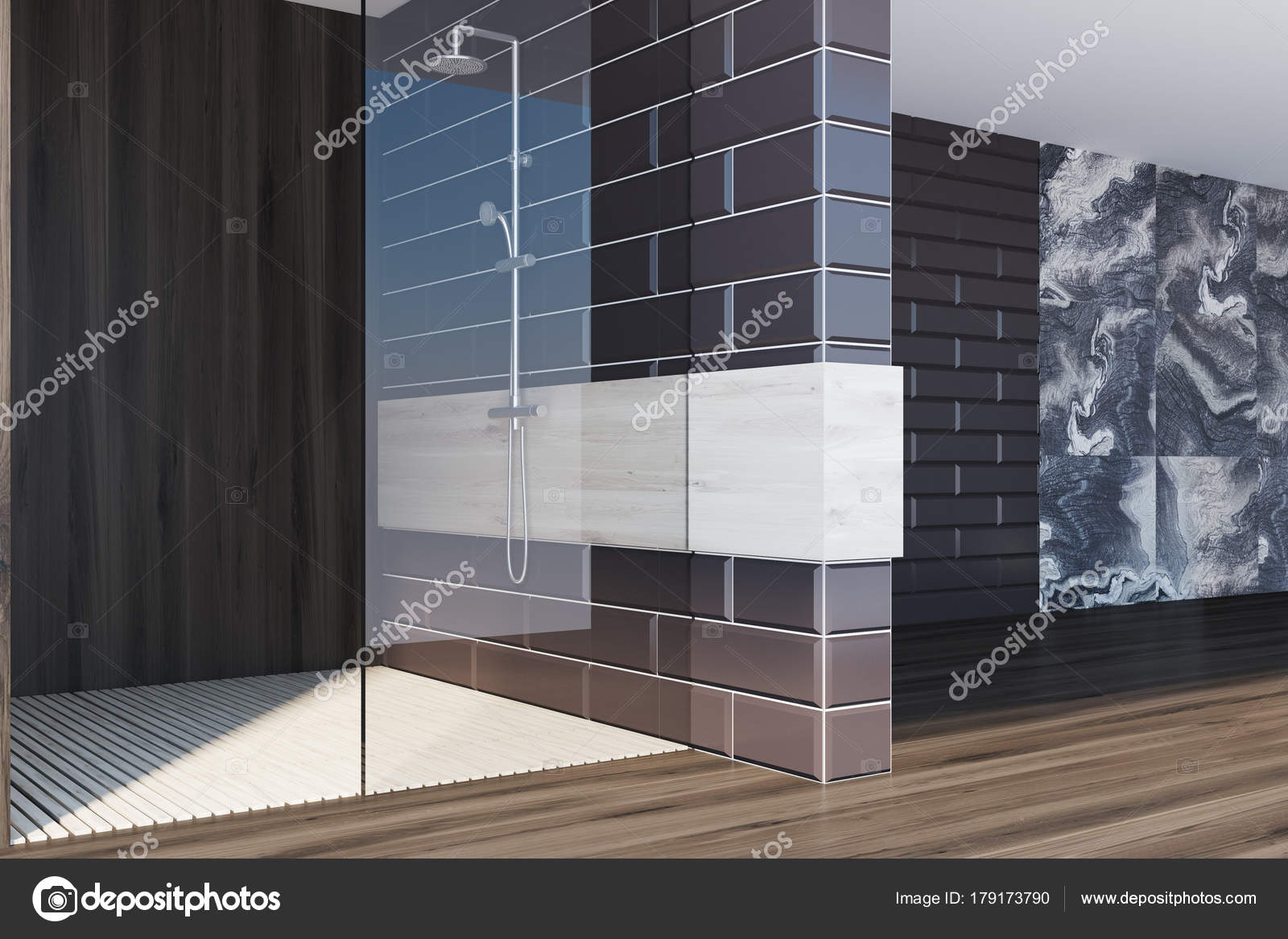 Gray marble bathroom, black brick shower Stock Photo by ©denisismagilov