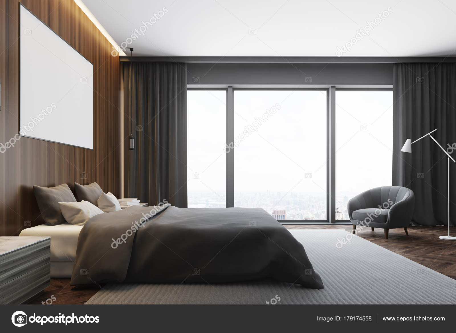 Dunkles Holz Schlafzimmer, Plakat Innenseite — Stockfoto ... Dunkles Holz Schlafzimmer, Plakat Innenseite — Stockfoto ...