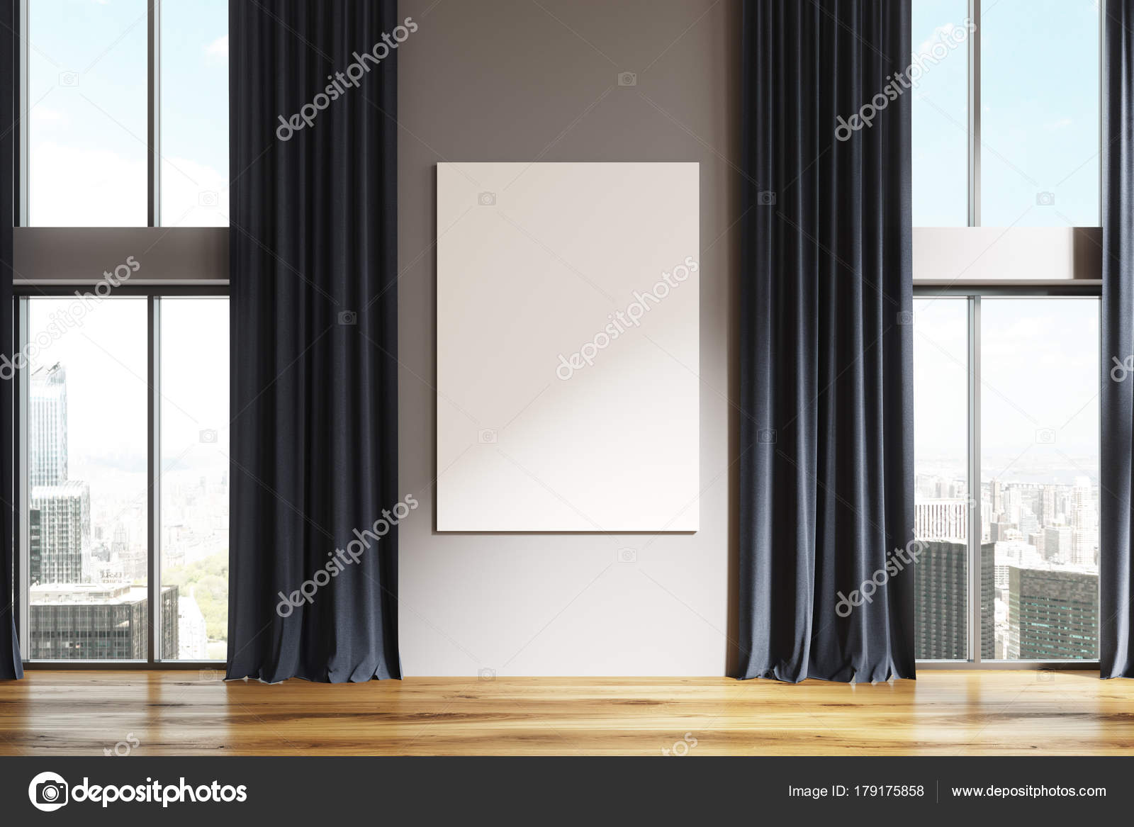 Empty White Room Black Curtains Poster Stock Photo
