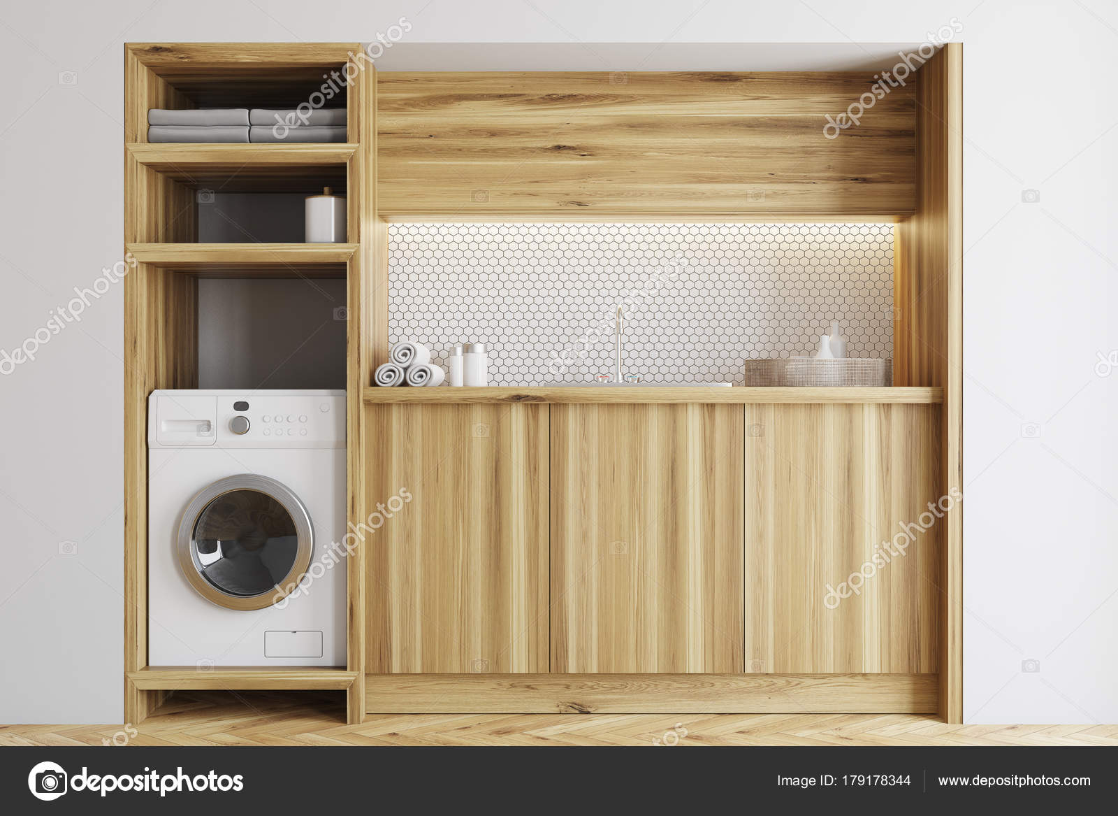 White And Wooden Laundry Room Close Up Stock Photo