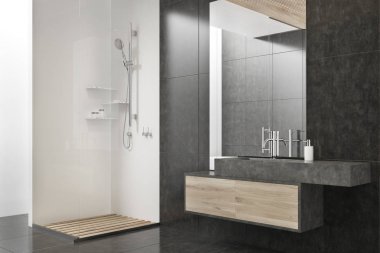 Siyah banyo lavabo, duş ile