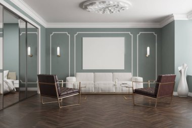 Gri bekleme odası, poster ve koltuklar