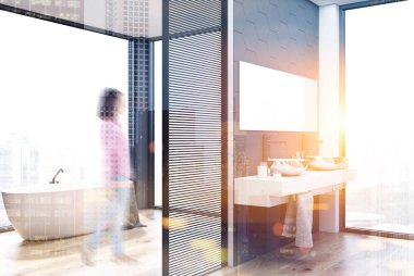 Gri Altıgen karo banyo çift lavabo, küvet bulanıklık