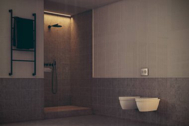 Gri banyo, tuvalet ve duş tonda kapat