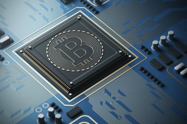 Mavi devre kartı işlemci, bitcoin simgesi