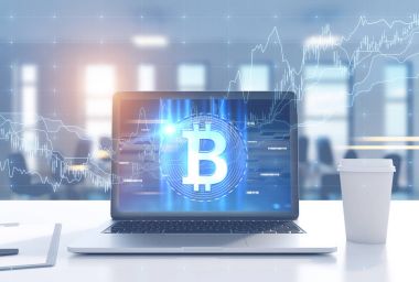 Dizüstü bilgisayar bitcoin ve grafik, ofis, kahve fincanı