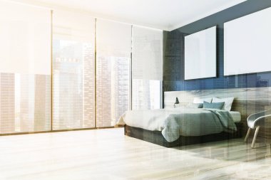 Siyah yatak odası iç, tonda posterleri yan