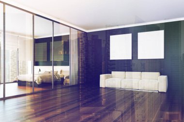 Kanepe ve kare posterler salon çift yan