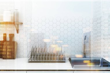 Beyaz altıgen fayans mutfak, tonda tezgah