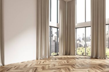 Boş beyaz oda köşe, kahverengi perdeleri