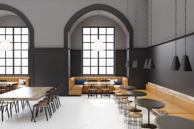 Beyaz ve gri kafe iç, pencere ve lamba