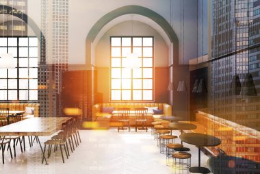 Beyaz ve gri kafe iç pencere ve tonda lamba