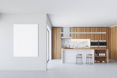 Koyu ahşap mutfak, bar ve poster