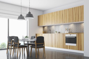 Ahşap yemek odası köşe, siyah sandalye