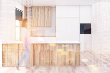 Bir ahşap bar bulanıklık ile beyaz mutfak