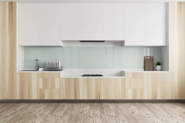 Green kitchen, wooden countertop — Stock Photo, Image