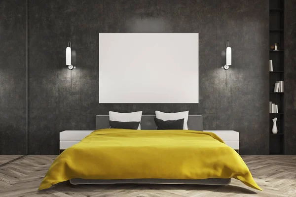 Zwarte slaapkamer, gele bed, poster — Stockfoto