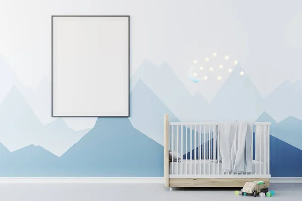 Baby pojke s rum, vagga och affisch — Stockfoto