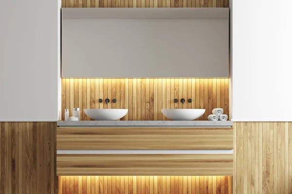 Beyaz ve ahşap banyo, çift lavabo — Stok fotoğraf