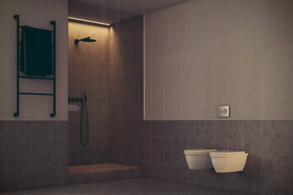 Серая ванная, туалет и душ в тонированном виде — стоковое фото