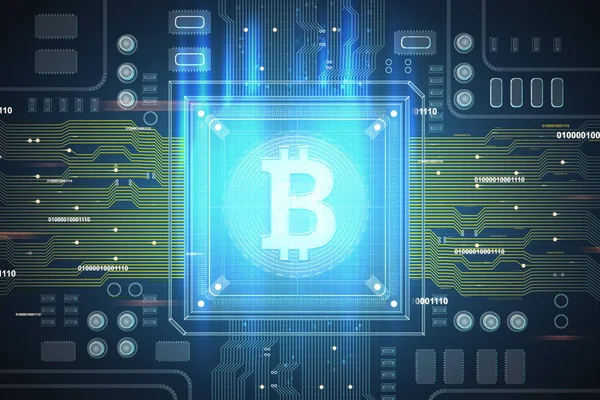 Circuit background with a processor, bitcoin icon — Stock Photo, Image