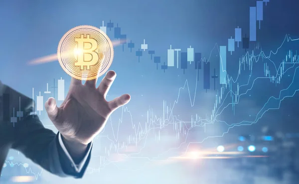 Geschäftsmann Hand, Bitcoin, Grafiken — Stockfoto