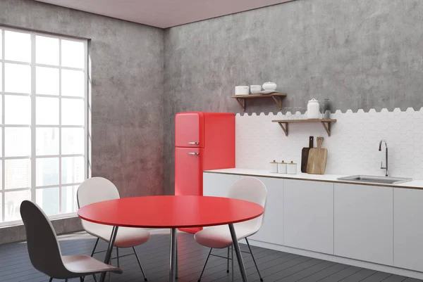 Stolik biały i betonu kuchnia, czerwony — Zdjęcie stockowe