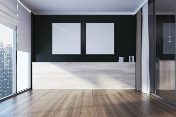 Empty black room, square posters