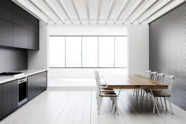 Cozinha branca e cinza e uma sala de jantar interior — Fotografia de Stock