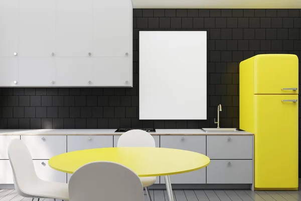 Black tiled kitchen, poster, yellow fridge — Stock Photo, Image