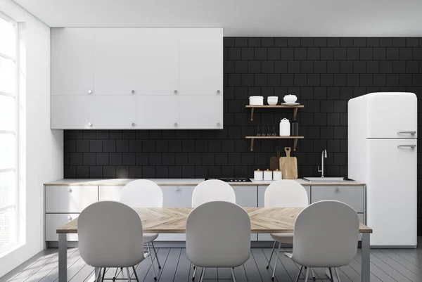 Black tiled kitchen, white countertops — Stock Photo, Image