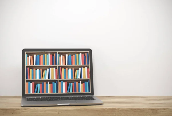 Laptop with bookshelves on screen, wooden desk — Stock Photo, Image