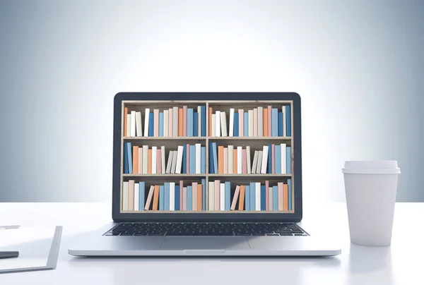 Laptop with bookshelves on screen, gray wall — Stock Photo, Image