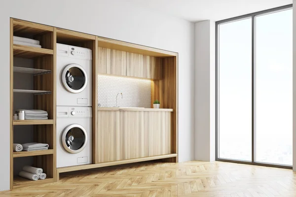 Ruang cuci putih dan kayu, sisi lemari — Stok Foto